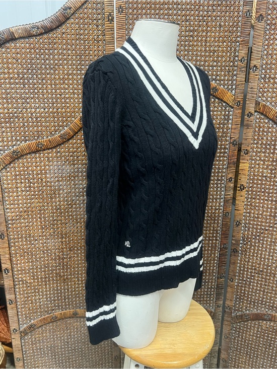 Lauren Ralph Lauren Sweaters - Lauren Ralph Lauren black white v neck sweater PL preppy cotton cable knit